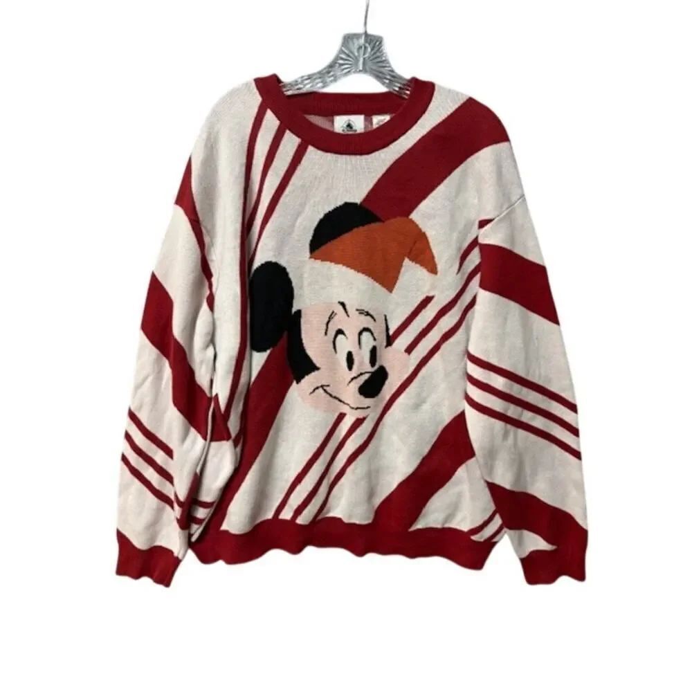 Disney Christmas Sweater Mickey Mouse Santa Hat Candy Cane Stripes Men XXL